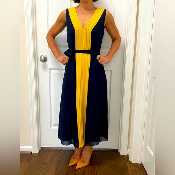 Hobbs London Sleeveless Navy and Yellow Midi Dress - Picture 1 of 4